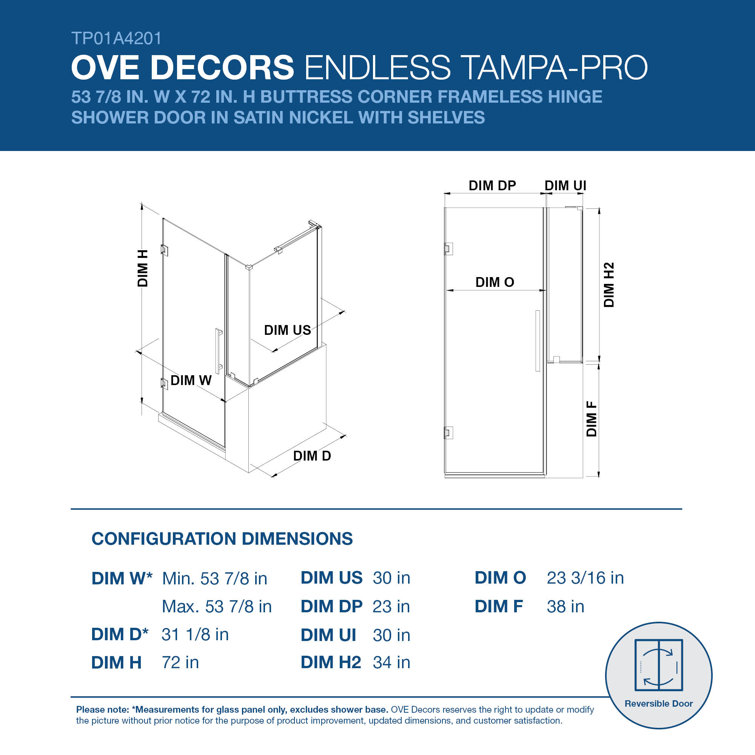 Satin Nickel Frameless Glass Corner Shower Kit with Shelves