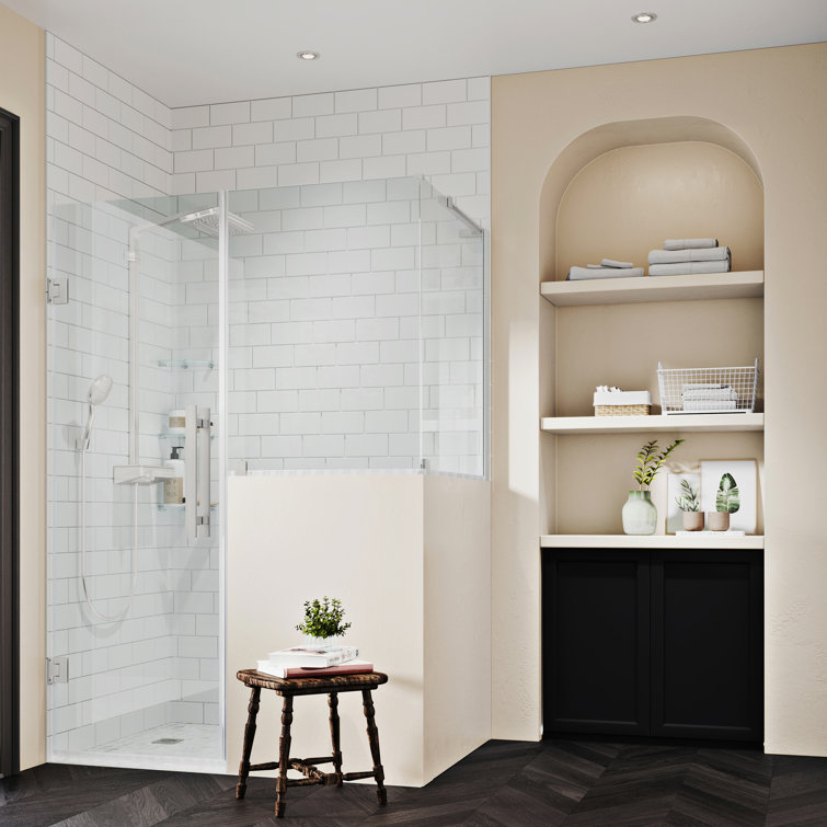 Satin Nickel Frameless Glass Corner Shower Kit with Shelves