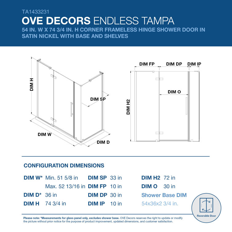 Endless Tampa 54" Black Frameless Corner Shower Kit with Shelves