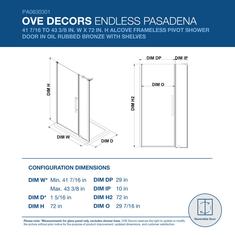 Pasadena 43" Oil Rubbed Bronze Frameless Shower Kit with Glass Shelves