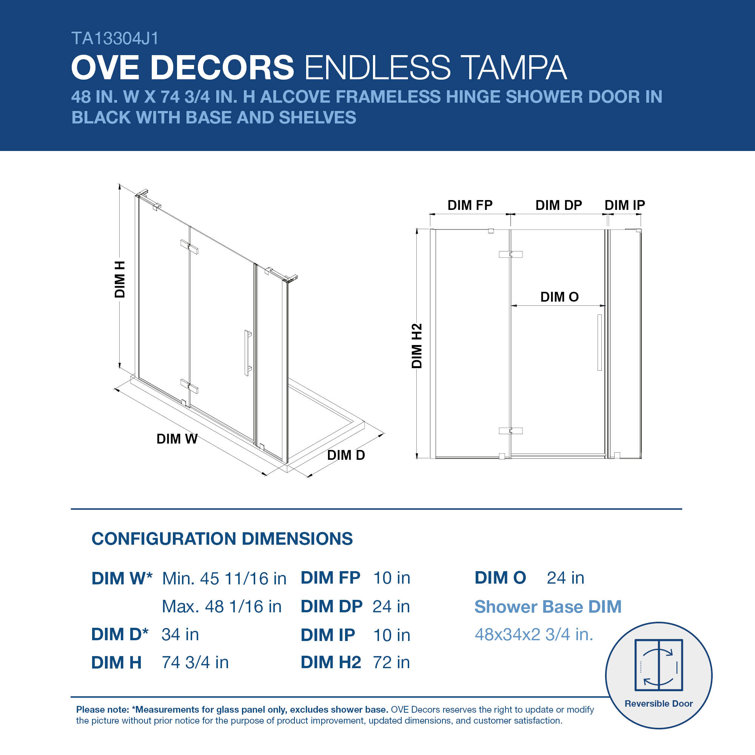 Tampa 48" Black Frameless Alcove Shower Kit with Shelves