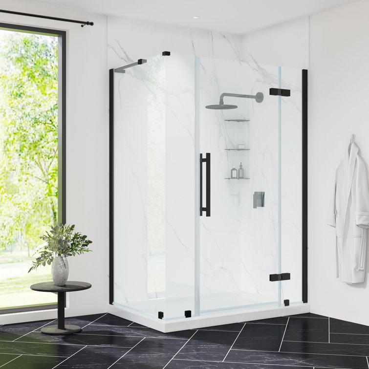 Tampa Black Frameless Corner Shower Kit with Shelves and Base