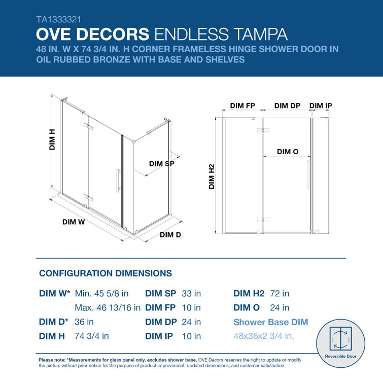 Tampa 48" Frameless Corner Shower Kit with Oil Rubbed Bronze Finish