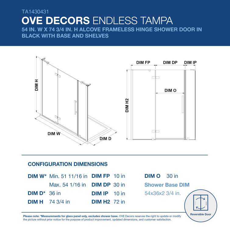 Endless Black Frameless Shower Kit with Tempered Glass Panels and Acrylic Base