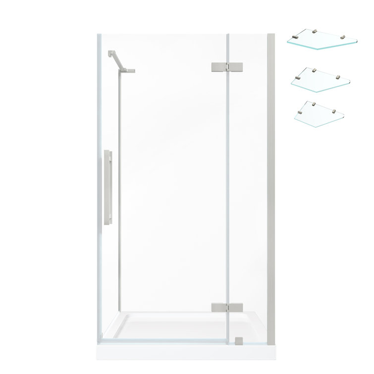Satin Nickel Frameless Corner Shower Kit with Glass Panels and Shelves