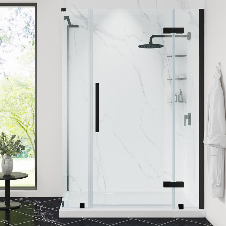 Tampa Black Frameless Corner Shower Kit with Shelves and Base