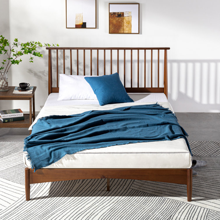 Elegant Mid-Century King Platform Bed with Wood Spindle Headboard