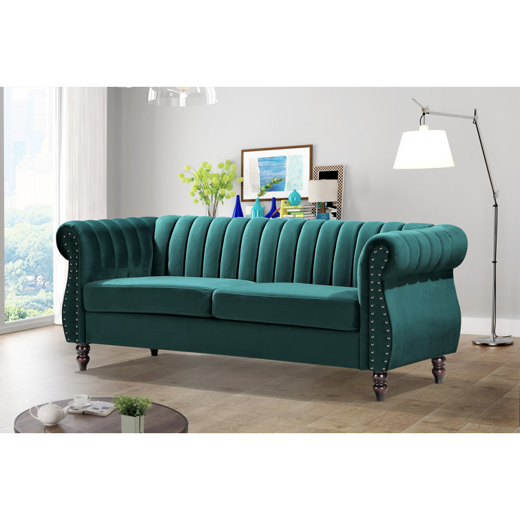 Capri 76.4'' Green Velvet Chesterfield Sofa with Nailhead Trim