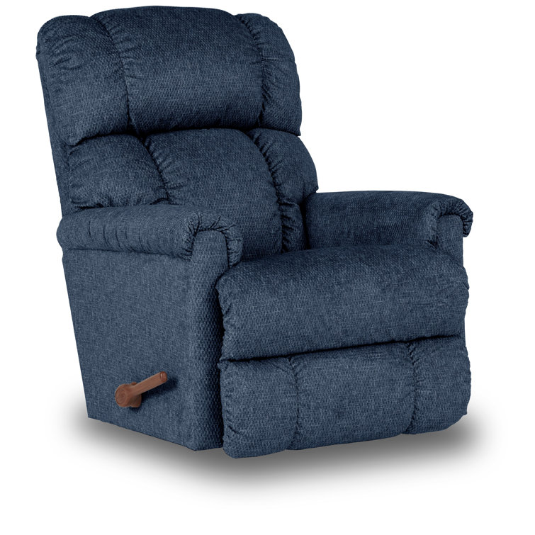 Navy Polyester Twill Manual Recliner with Brown Wood Legs