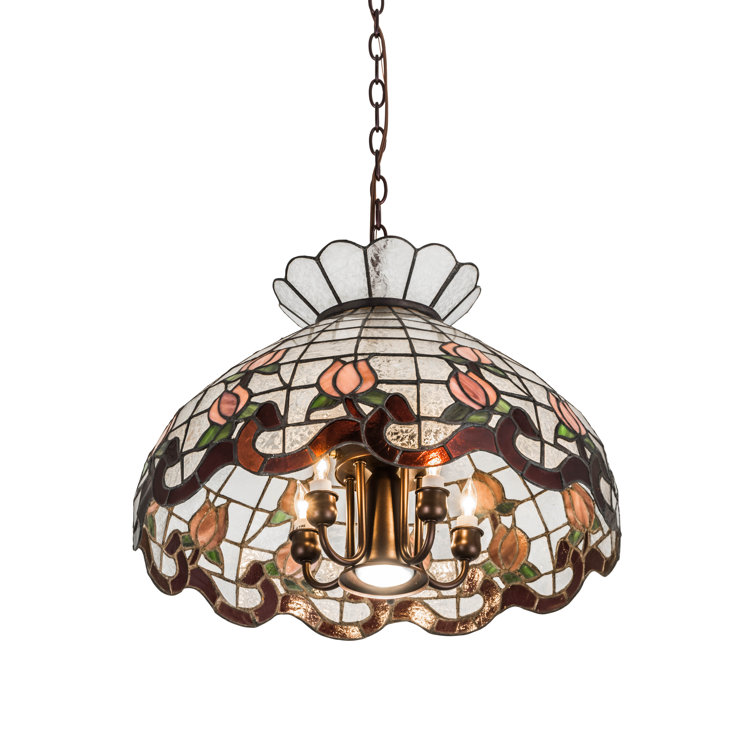Elegant Crowned 20" Black and Clear Glass Pendant with Plum-Pink Rosebud Accents