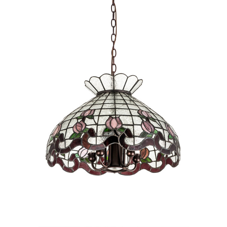 Elegant Crowned 20" Black and Clear Glass Pendant with Plum-Pink Rosebud Accents
