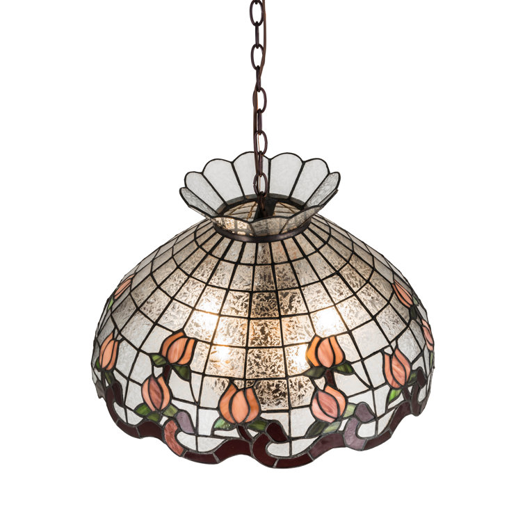 Elegant Crowned 20" Black and Clear Glass Pendant with Plum-Pink Rosebud Accents