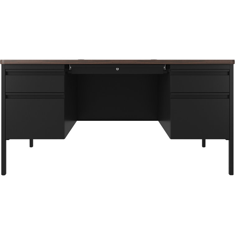 Executive Black Steel Desk with Walnut Laminate Top and Drawers