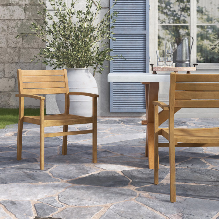 Teak Brown Outdoor Stacking Dining Armchairs, Set of 2