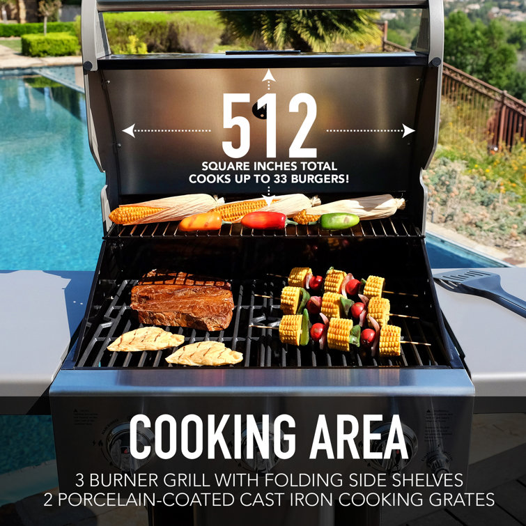 Azure Blue Compact 3-Burner Propane Gas Grill with Foldable Side Tables