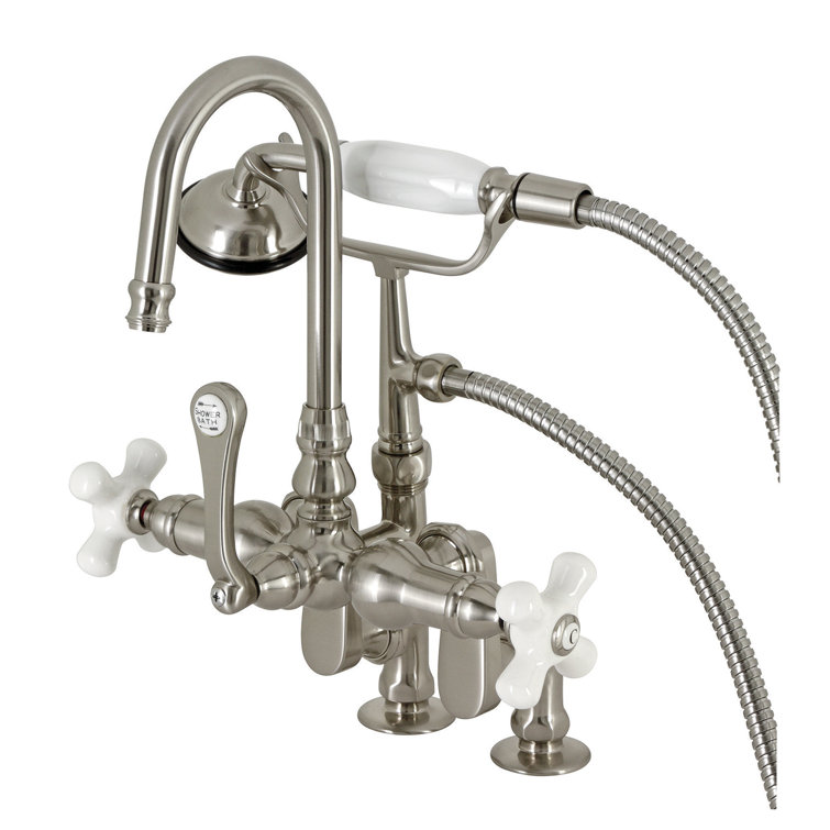 Brushed Nickel Three-Handle Deck Mount Tub Faucet with Hand Shower