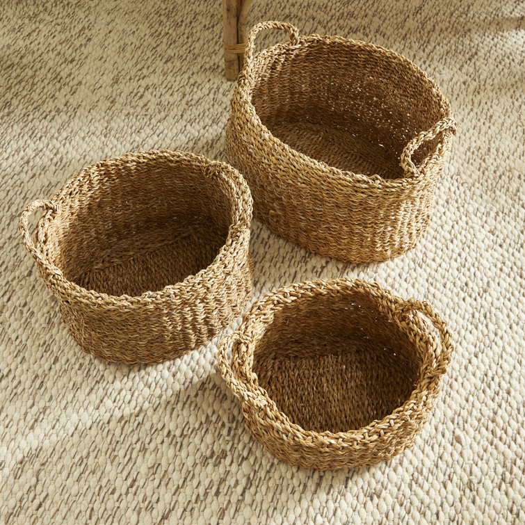 Natural Seagrass Oval Storage Basket Set with Handles