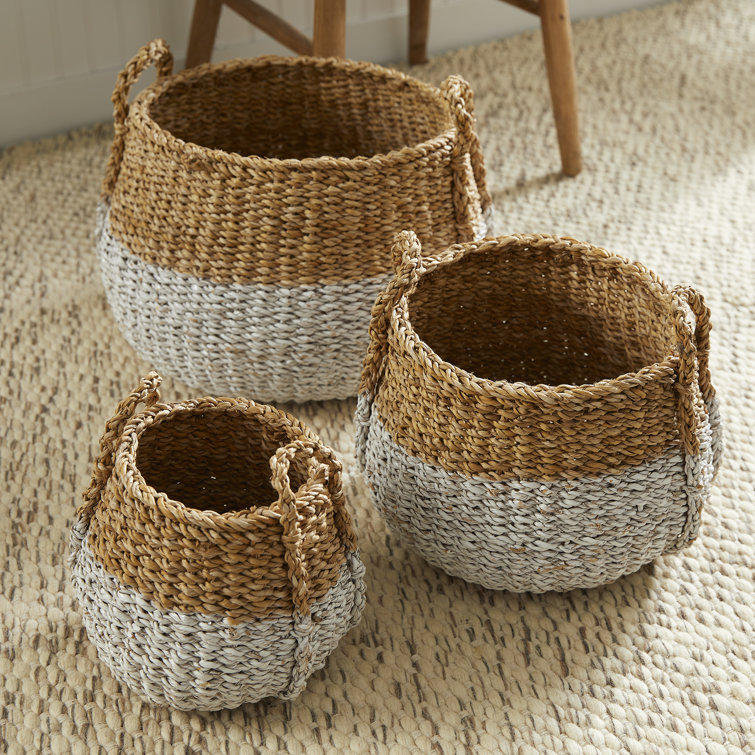 Natural and White Seagrass Round Storage Basket Set