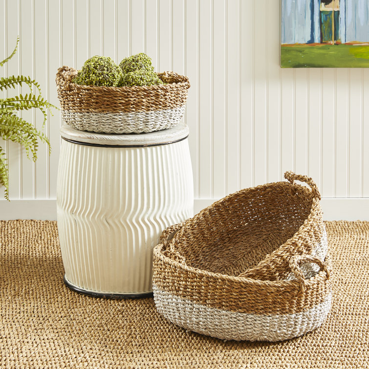Natural and White Seagrass Shallow Storage Baskets with Handles, Set of 3