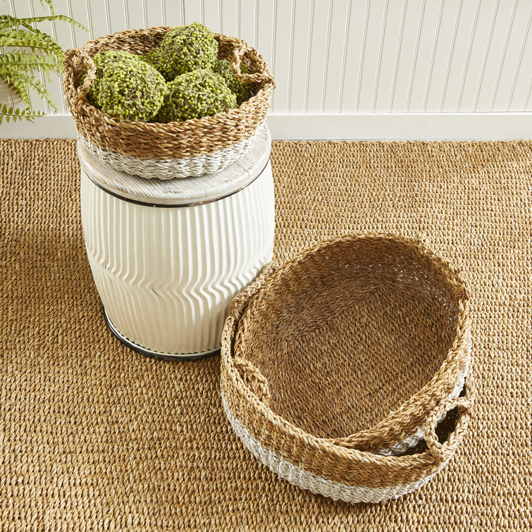 Natural and White Seagrass Shallow Storage Baskets with Handles, Set of 3