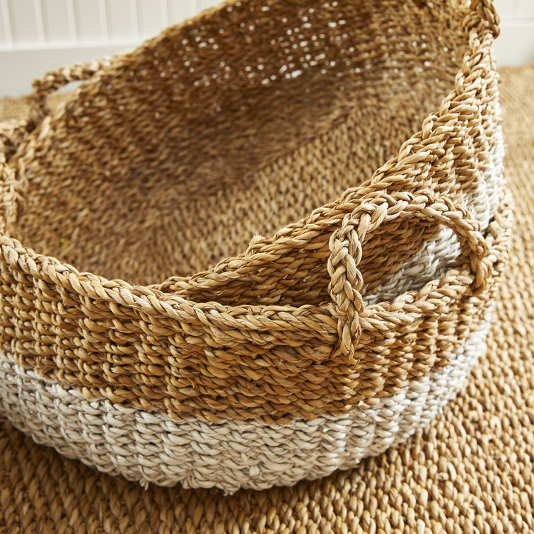 Natural and White Seagrass Shallow Storage Baskets with Handles, Set of 3
