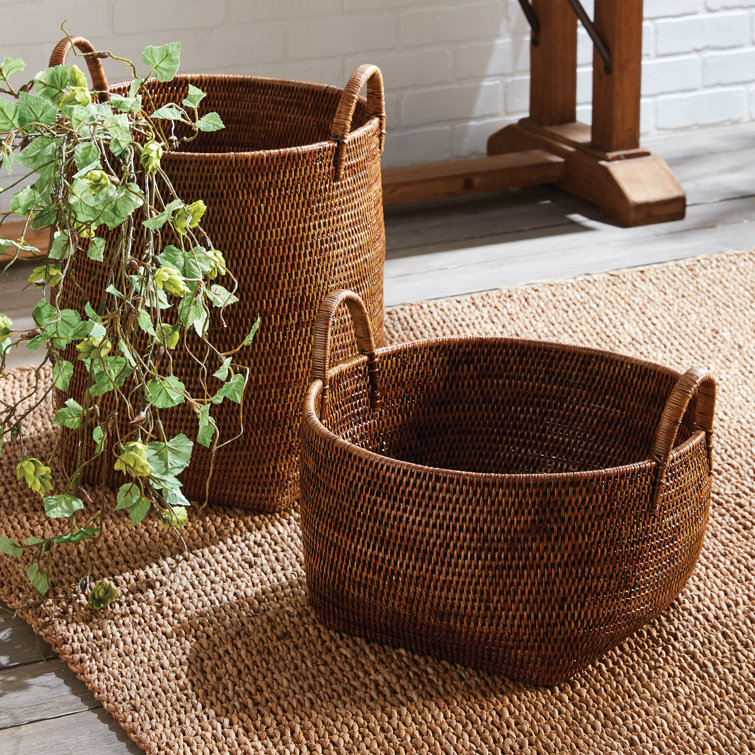 Handmade Natural Brown Rattan Storage Baskets with Handles - Set of 2