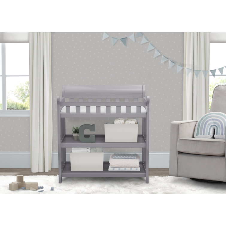 Gray Wooden Changing Table with Safety Strap and Pad