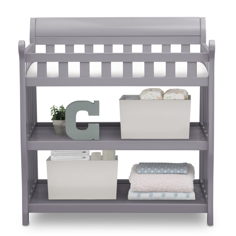 Gray Wooden Changing Table with Safety Strap and Pad