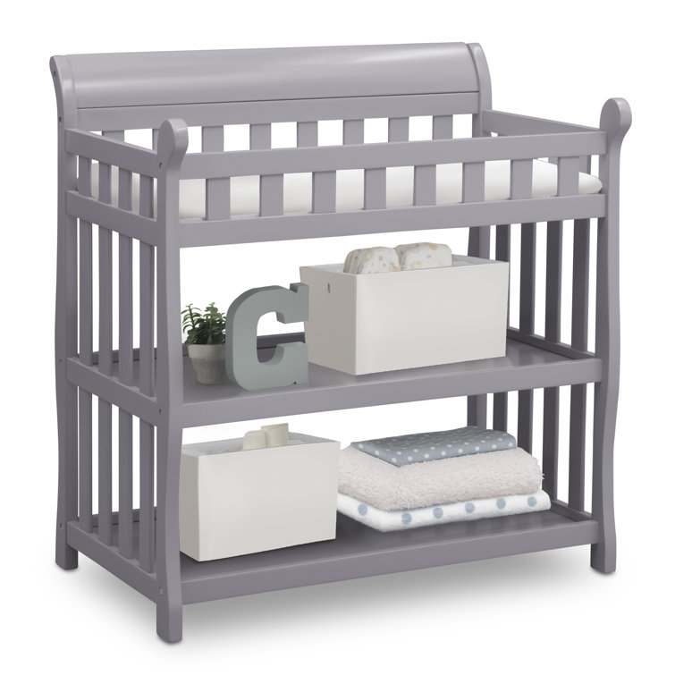 Gray Wooden Changing Table with Safety Strap and Pad