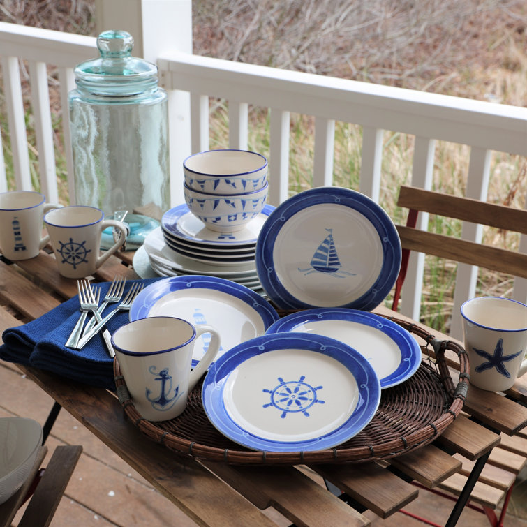 Nautical Blue and White Ceramic Salad Plates Set