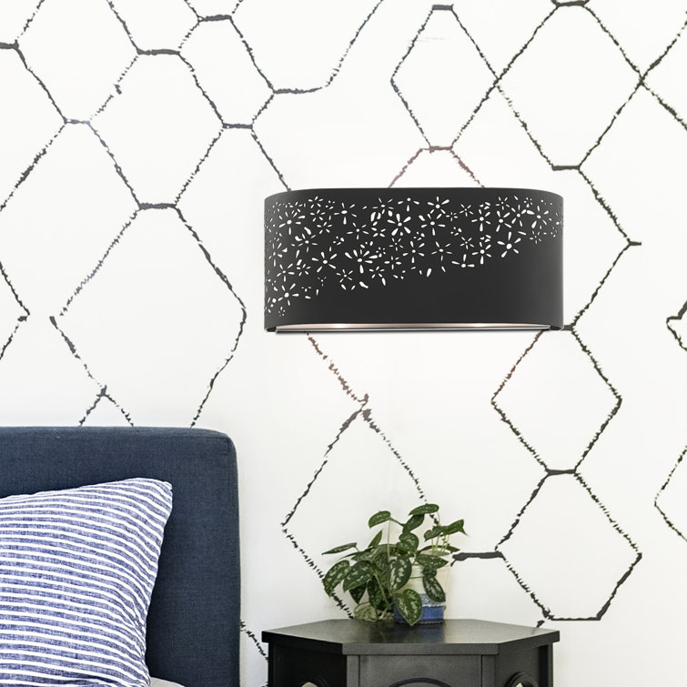 Noria Organic Laser Cut Black Steel 2-Light Vanity Sconce with Off-White Linen Shade