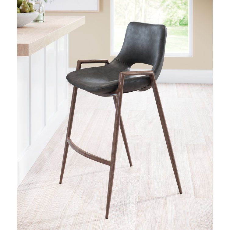 Black Leather and Walnut Wood Counter Stools, Set of 2