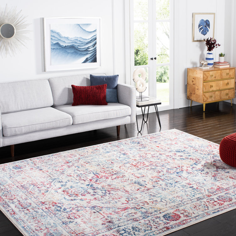 Ivory and Blue Rectangular Synthetic Stain-Resistant Area Rug