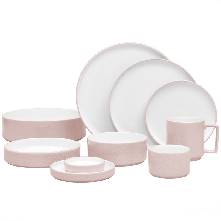 Blush and White Porcelain 12-Piece Textured Dinnerware Set