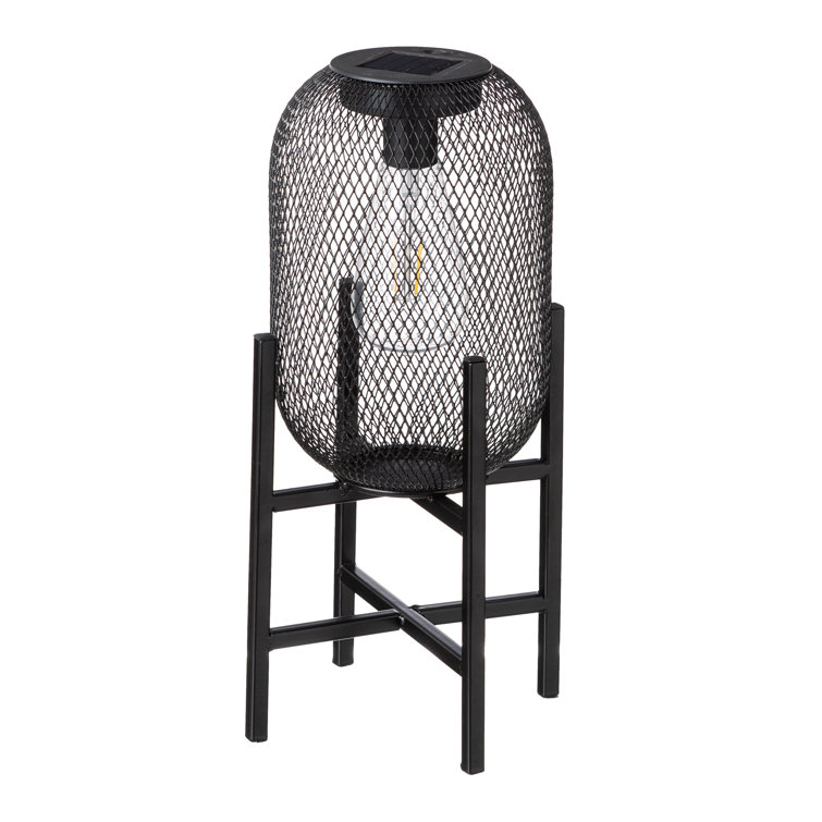 14.25" Black Metal Mesh Solar Outdoor Lantern with Stand