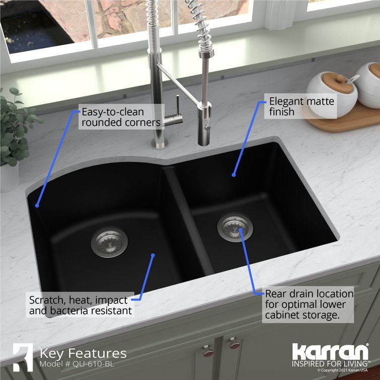 Black Quartz Composite 32'' x 21'' Double Bowl Undermount Kitchen Sink