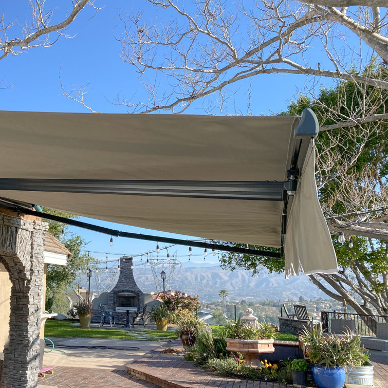 Burgundy Motorized Retractable Patio Awning with White Frame
