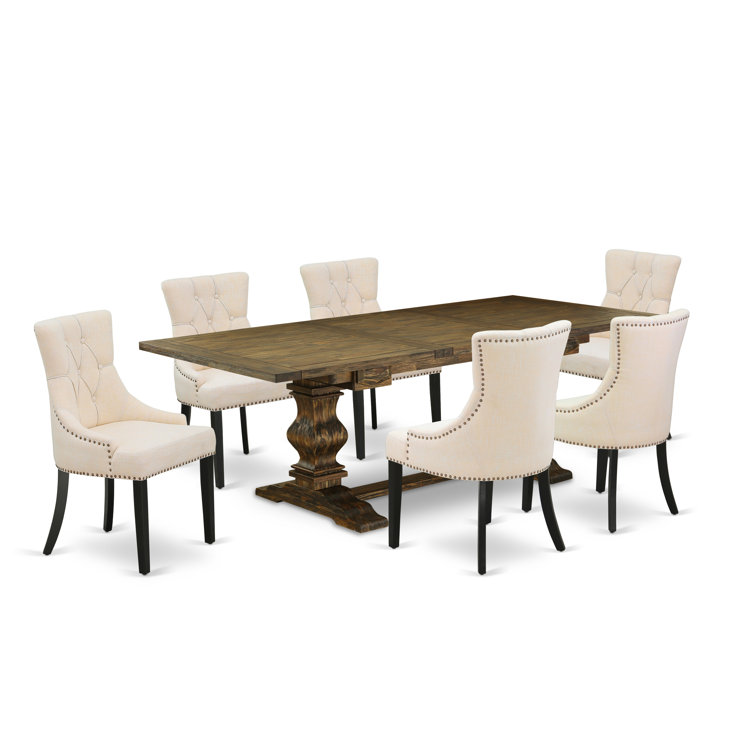 Distressed Jacobean 7-Piece Wood Dining Set with Beige Upholstered Chairs