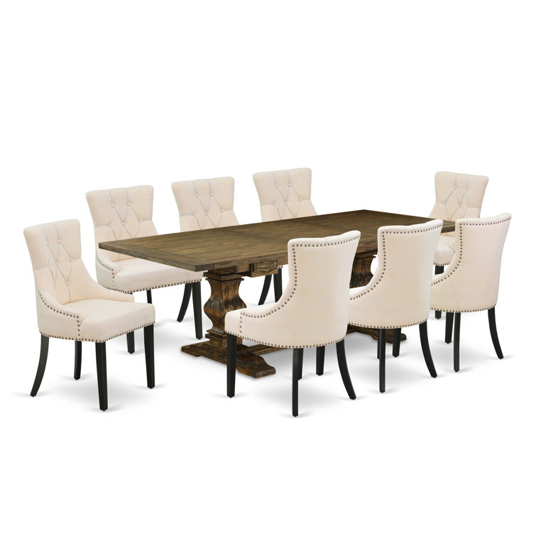 Distressed Jacobean 9-Piece Wood Dining Set with Light Beige Linen Chairs