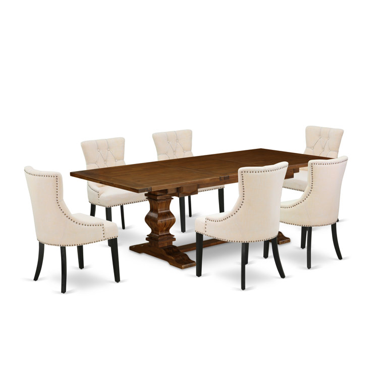 Walnut Rectangular Dining Table with 6 Beige Linen Chairs