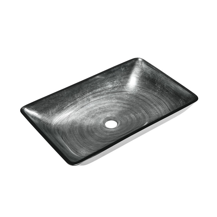 Smoky Gray Rectangular Glass Vessel Sink with Waterfall Faucet