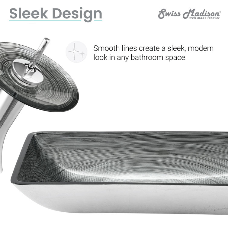 Smoky Gray Rectangular Glass Vessel Sink with Waterfall Faucet
