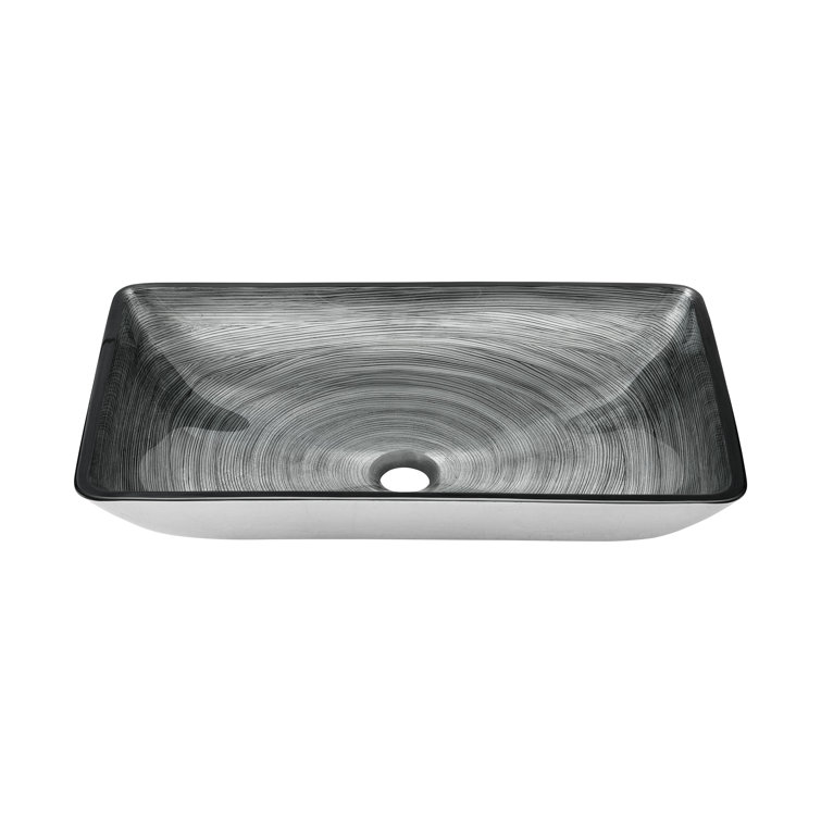 Smoky Gray Rectangular Glass Vessel Sink with Waterfall Faucet