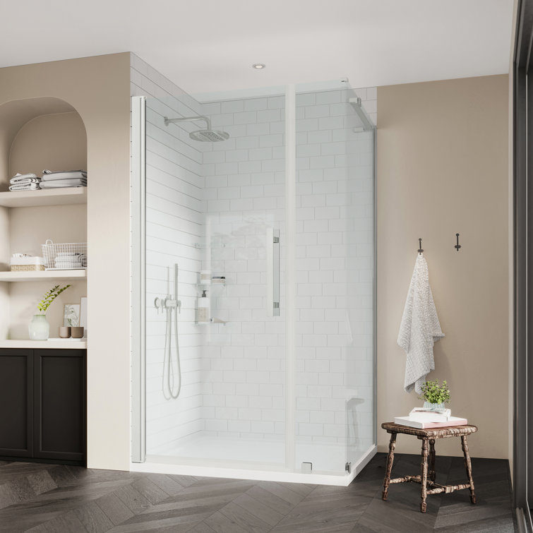 Pasadena 36'' Satin Nickel Frameless Corner Shower Kit with Shelves