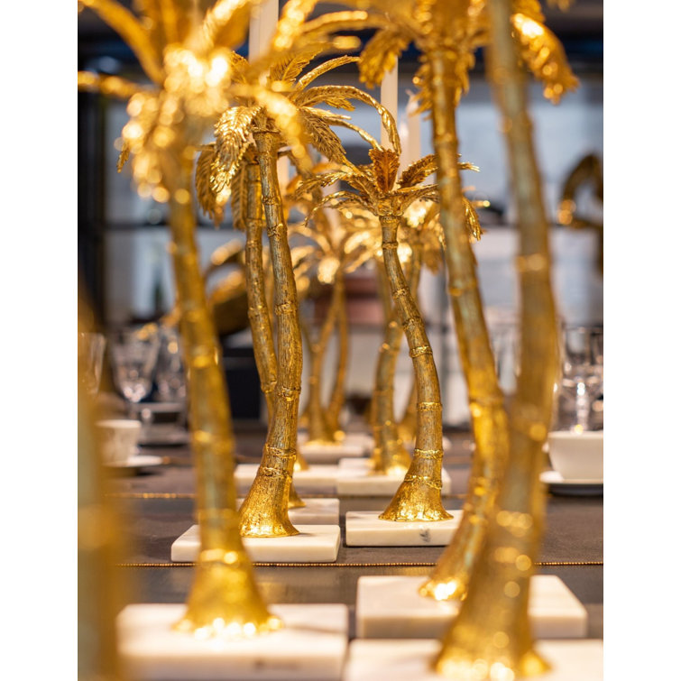 Antique Gold Palm Frond Candleholders Set with Marble Base