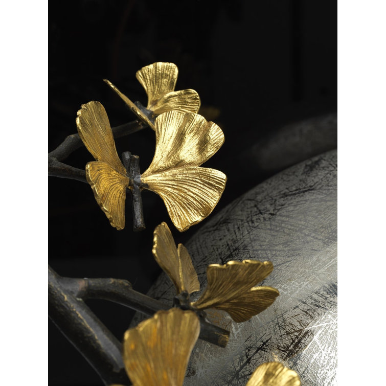 Silver Metallic Gray Butterfly Ginkgo Metal Table Vase