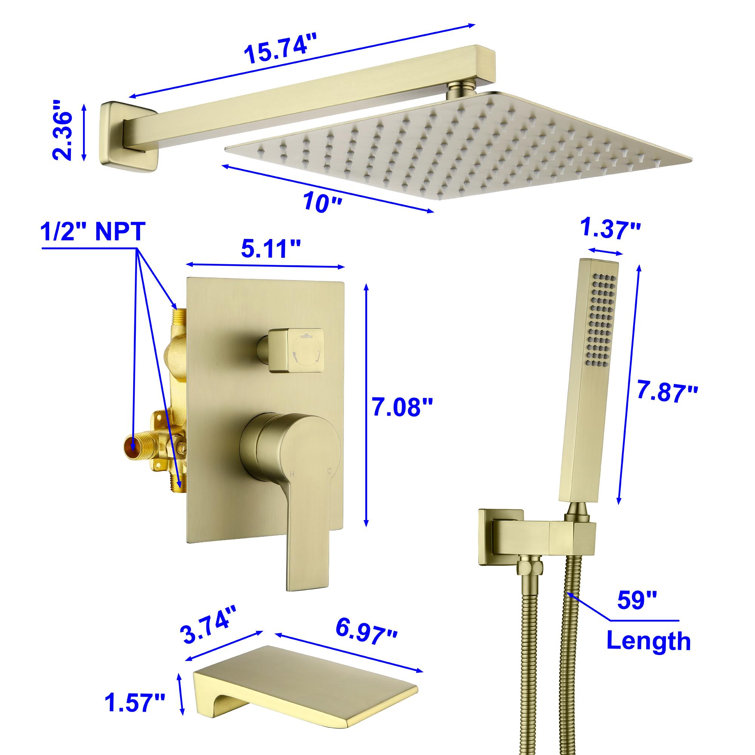 Brushed Gold 10'' Square Wall Mounted Rain Shower System