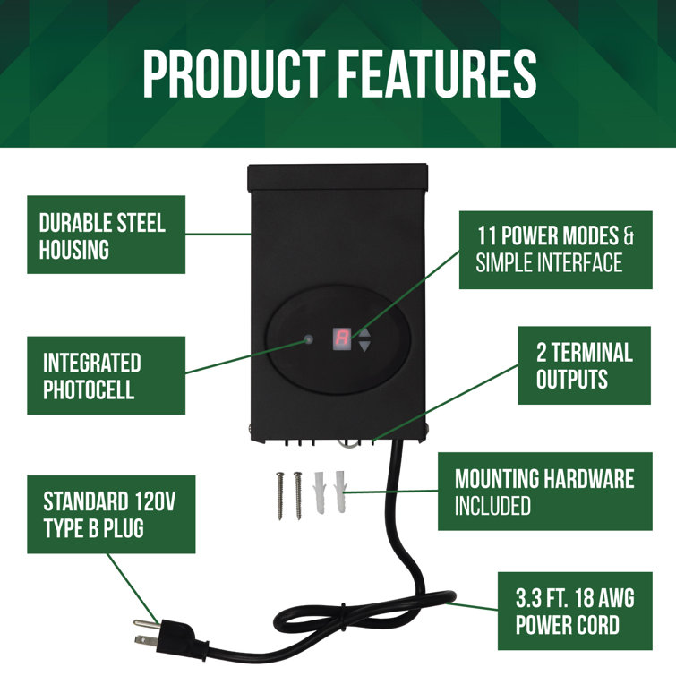 Black Steel Low Voltage Transformer with Photocell and Timer