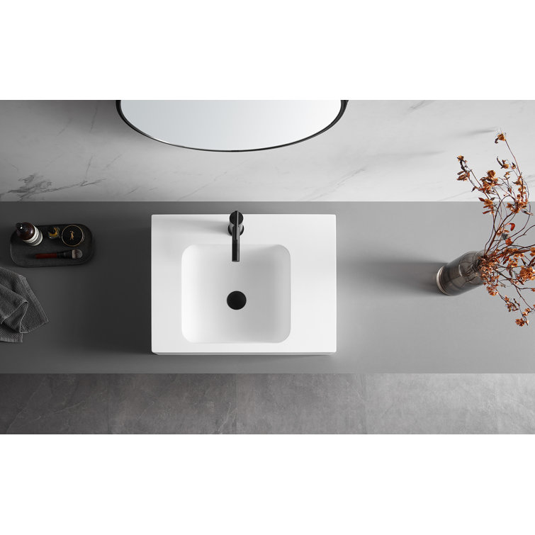 Matte White Solid Surface Square Wall-Mount Bathroom Sink