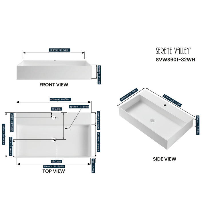 Matte White Solid Surface Rectangular Wall-Mount Bathroom Sink